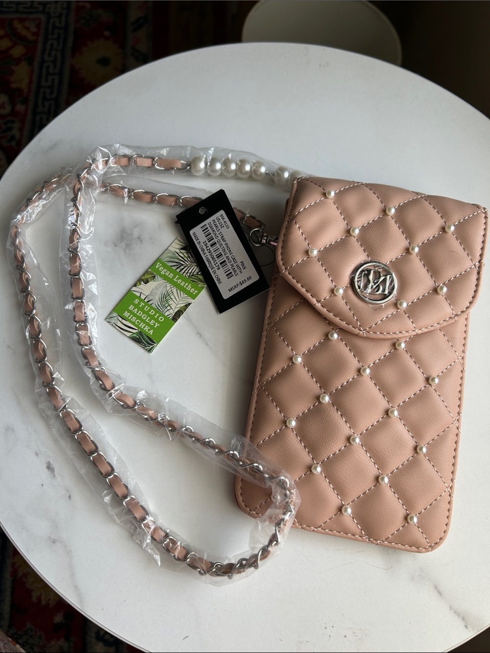Badgley Mischka Phone Case Quilted Pearl-Accent Crossbody in Pink/Beige